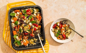 Roasted Mediterranean vegetables with feta and warm grains recipe