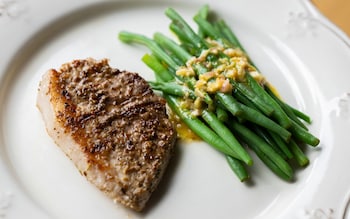 Pork steak with green bean and shallot salad recipe