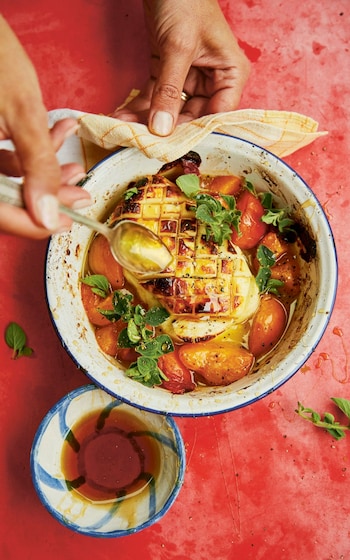 Whole grilled halloumi with apricots recipe