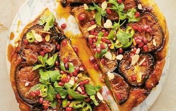 Sticky aubergine, pomegranate and herb tart recipe