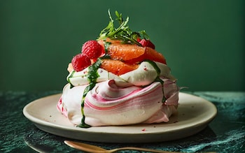 Peppery pink grapefruit pavlovas with sweet rocket drizzle recipe