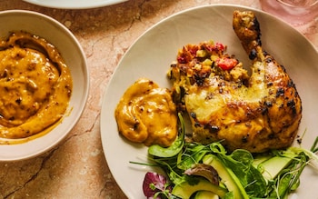 Oregano-roast chicken with roast pepper and sourdough stuffing and smoky chilli aioli recipe