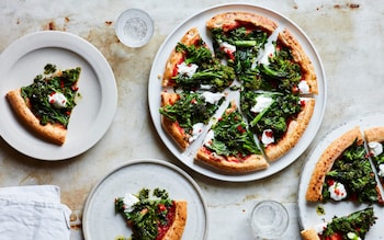 Broccoli and goat’s curd pizzas recipe