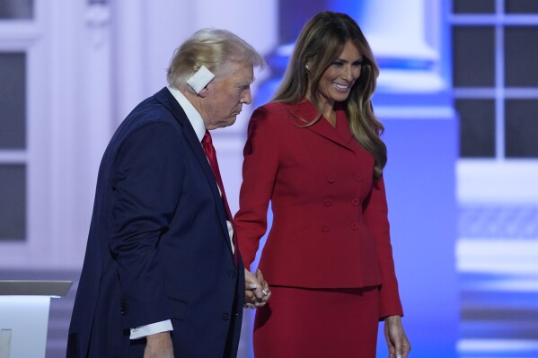 Former first lady Melania Trump makes a rare appearance on the Republican convention’s last night