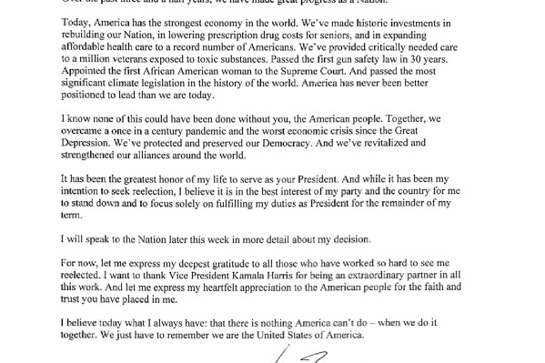 Here’s the letter that Biden wrote to say he would no longer seek reelection