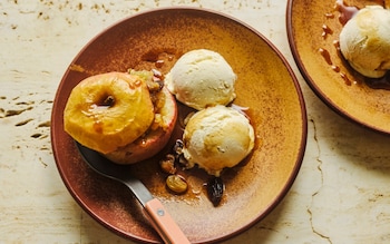 Heather honey and Somerset brandy ice cream with baked apples